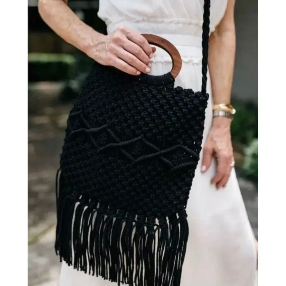 Danielle Nicole Boho Hippie Black Macrame Wooden Handle Crossbody fringe Bag‎